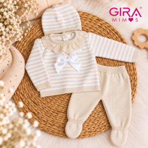 Conjunto de Bebé em Malha – 3 Peças | Bege e Branco 🤍