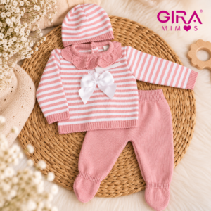 Conjunto de Bebé em Malha – 3 Peças | Rosa  e Branco 💗